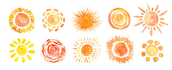 Set of bright yellow and orange watercolor textured sun symbols. Watercolour collection of sunny weather elements for kids decoration, pattern design, greeting cards