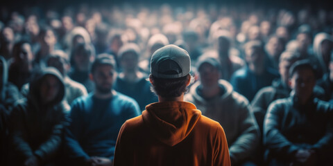 In the backdrop, there are many people listening and a young man in a hoodie is in front of the crowd in the auditorium.