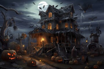 Eerie littered with all sorts of junk, terrible pumpkins and mutilated birds Halloween Horror house. Generated AI.