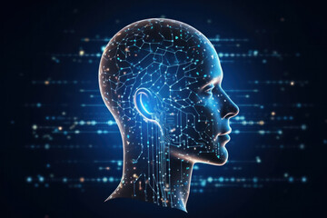Artificial intelligence and neural networks concept. Human head on data stream technology background. Generative AI