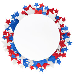 Festive stars in USA red, white, and blue sparkling glitter confetti with center white circle copy space. For US American 4th of July, Memorial Day, Veteran's day, or other patriotic events.