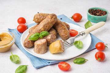 Plate of tasty homemade sausages on light background