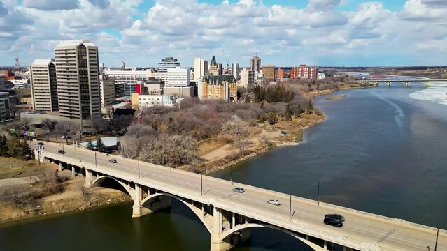 Aerial view of the downtown area of Saskatoon, Saskatchewan, Canada. Reveal of Marriott Bessborough Hotel in the middle of Downtown Saskatoon, Saskatchewan, Canada