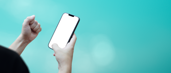 person celebrating with his fist with his mobile phone - concept of winning with his phone - screen transparent png