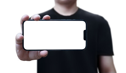 cell phone in hand held horizontally with png transparent background