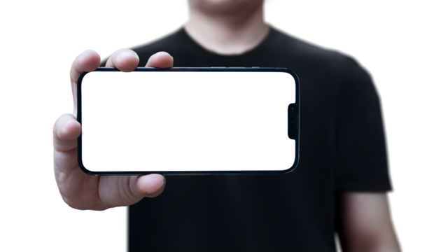 cell phone in hand held horizontally with png transparent background