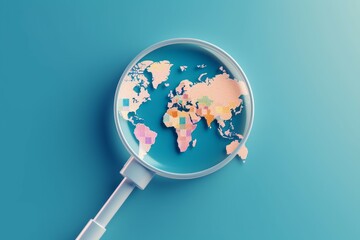 Magnifier with world map element. Global search concept. AI generated, human enhanced