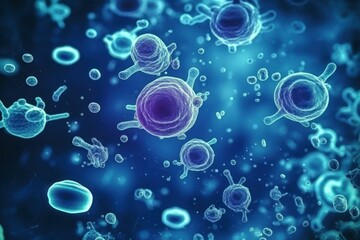 Bacteria cells under a microscope. AI generated, human enhanced