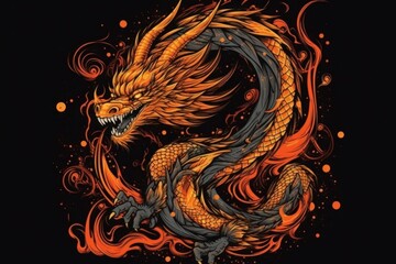 Dragon from fire on black background. Drawing style. Preparation for printing. AI generated, human enhanced