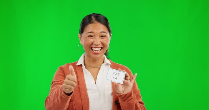 Portrait, woman and maths, teacher on green screen with index card for classroom learning show in Japan. Teaching, elearning and Asian educator for homeschool, online class and webinar for education.