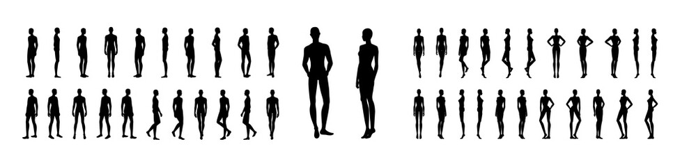 Silhouette of Women and men set body standing and walking fashion Illustration. Flat male and female character collection front, back view boy, girl. Human slim lady Gentlemen infographic template - obrazy, fototapety, plakaty