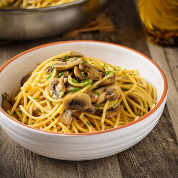 Soy butter pasta - spaghetti with mushrooms, butter and soy sauce