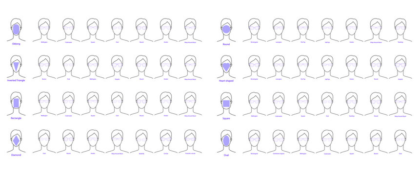 Set of types of glasses for Women - square, oblong, rectangular, round, diamond, inverted triangle, heart, oval eight type faces fashion accessory illustration. Sunglass unisex style, flat eyeglasses