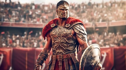 a ferocious gladiator wearing armored Roman gladiator at the Ancient Rome gladiatorial games in the coliseum - obrazy, fototapety, plakaty