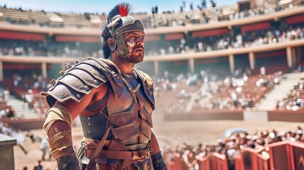 a ferocious gladiator wearing armored Roman gladiator at the Ancient Rome gladiatorial games in the coliseum - obrazy, fototapety, plakaty