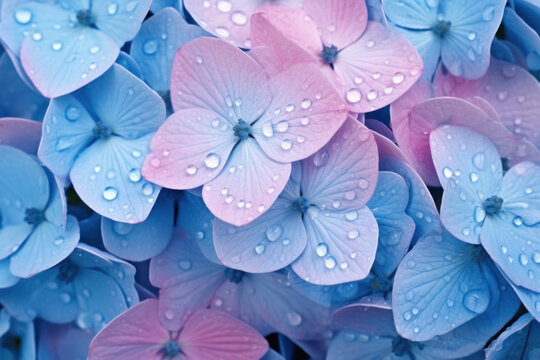 Bush of blooming pink and blue Hydrangea or Hortensia flowers Generative AI