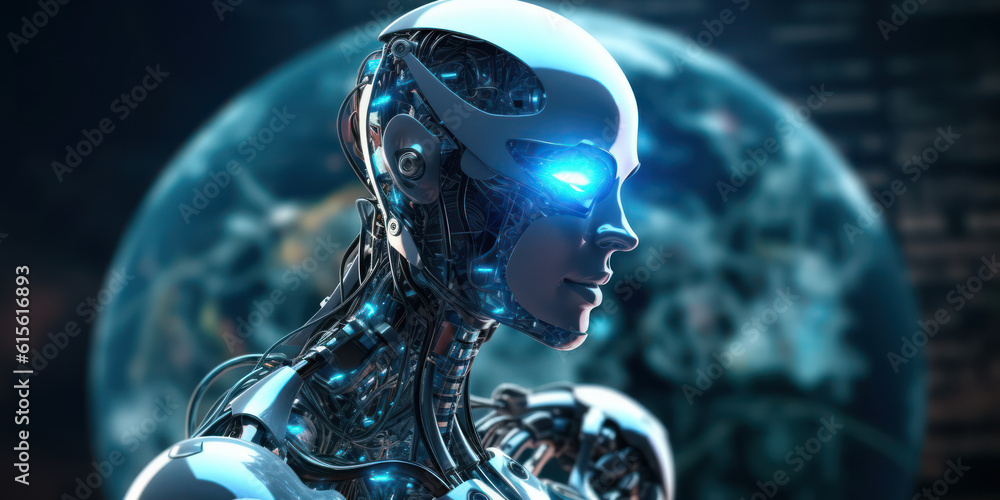 Aufkleber intelligent robotics: robot ai with earth depicting technology security and machine learning