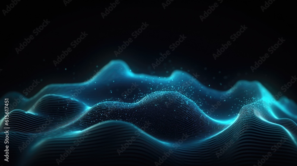 Poster 3d render of a modern background with a blue flowing particles wave design.generative ai aig21.