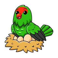 Cute black winged lovebird cartoon with eggs in the nest