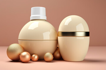 Fototapeta na wymiar A bottle of lotion next to some gold balls. Generative AI. Christmas, winter cosmetic product presentation.