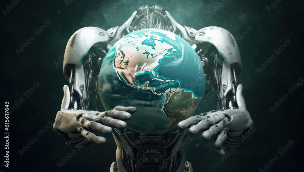 Poster futuristic vision: robotic arm with earth in cyberneticpunk style. world technology security system 