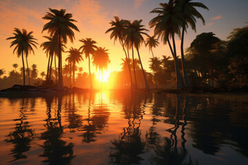 Fototapeta na wymiar Sunset with palm trees Generative AI