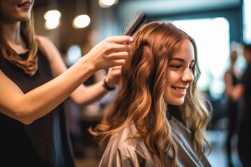 Naklejka premium Young woman getting a haircut at a hair saloon, generative ai