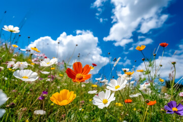 Obraz na płótnie Canvas Wild flowers meadow with sky in background, generative ai