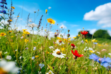 Wild flowers meadow with sky in background, generative ai