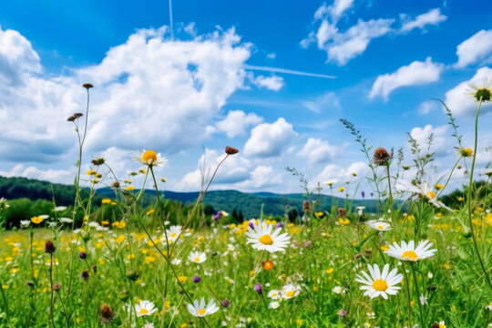 Wild flowers meadow with sky in background, generative ai