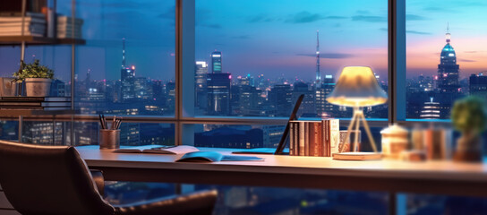 Professional Setting: Blurred Office Workspace with Cityscape for Business Presentations