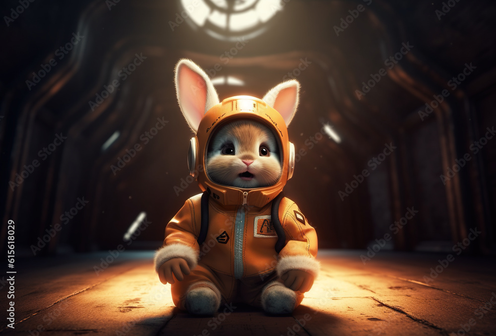 Poster a rabbit in a space suit standing in the dirt. generative ai.