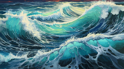 Big wave in a raging sea. A strong storm in the ocean. Big waves. Blue tones. The power of raging nature. Seascape, artwork. Vector illustration design © Andrey Shtepa