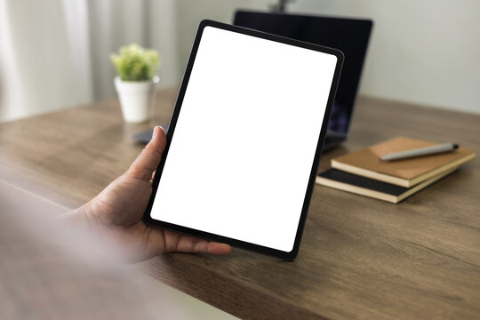 man hand holding digital tablet touch white screen device isolated screen ONLINE ADVERTISING communication empty space frame mockup, internet touchpad touchscreen information ipad.