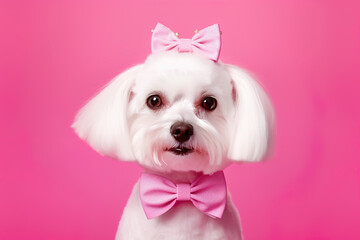 Charming little maltese lapdog shot in the studio on a pink background IA generative