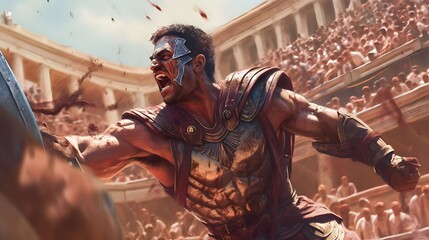 a fierce gladiator attacking. An armoured roman gladiator in combat wielding a sword charging towards his enemy. Ancient Rome gladiatoral games in coliseum - obrazy, fototapety, plakaty