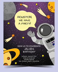 Invitation birthday card template with space and astronaut concept. CMYK file, ready to print. Vector illustration 