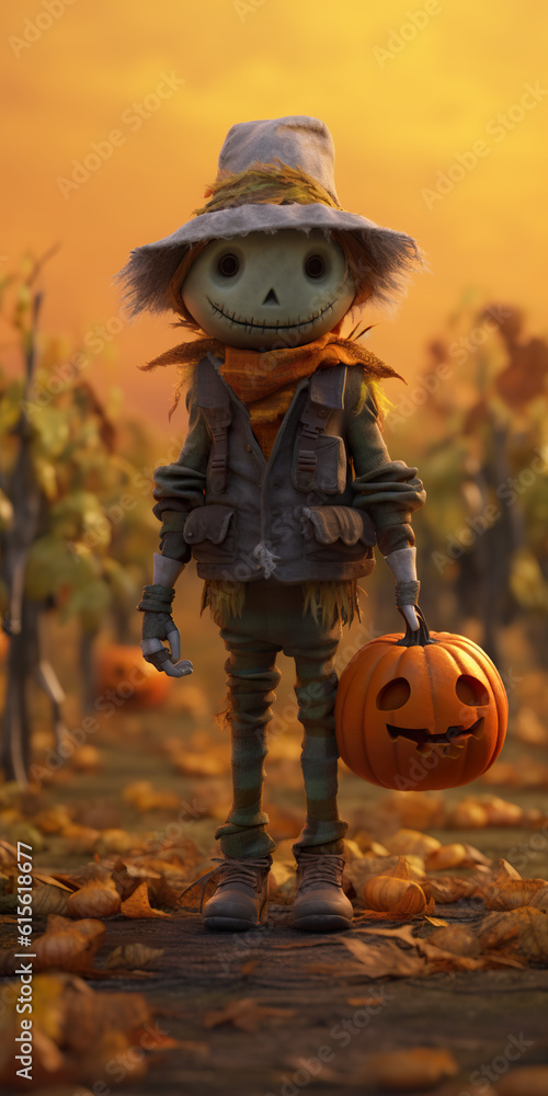Poster a scare with a pumpkin in a field. generative ai.