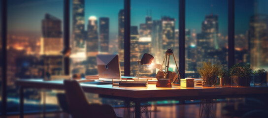 Fototapeta na wymiar Professional Setting: Blurred Office Workspace with Cityscape for Business Presentations