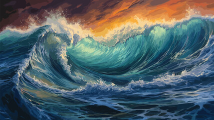 Big wave in a raging sea. A strong storm in the ocean. Big waves. Blue tones. The power of raging nature. Seascape, artwork. Vector illustration design