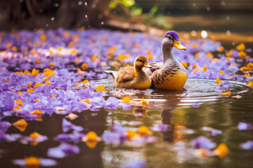 Duck and ducklings in the pond with jacaranda flower petals. Generative AI