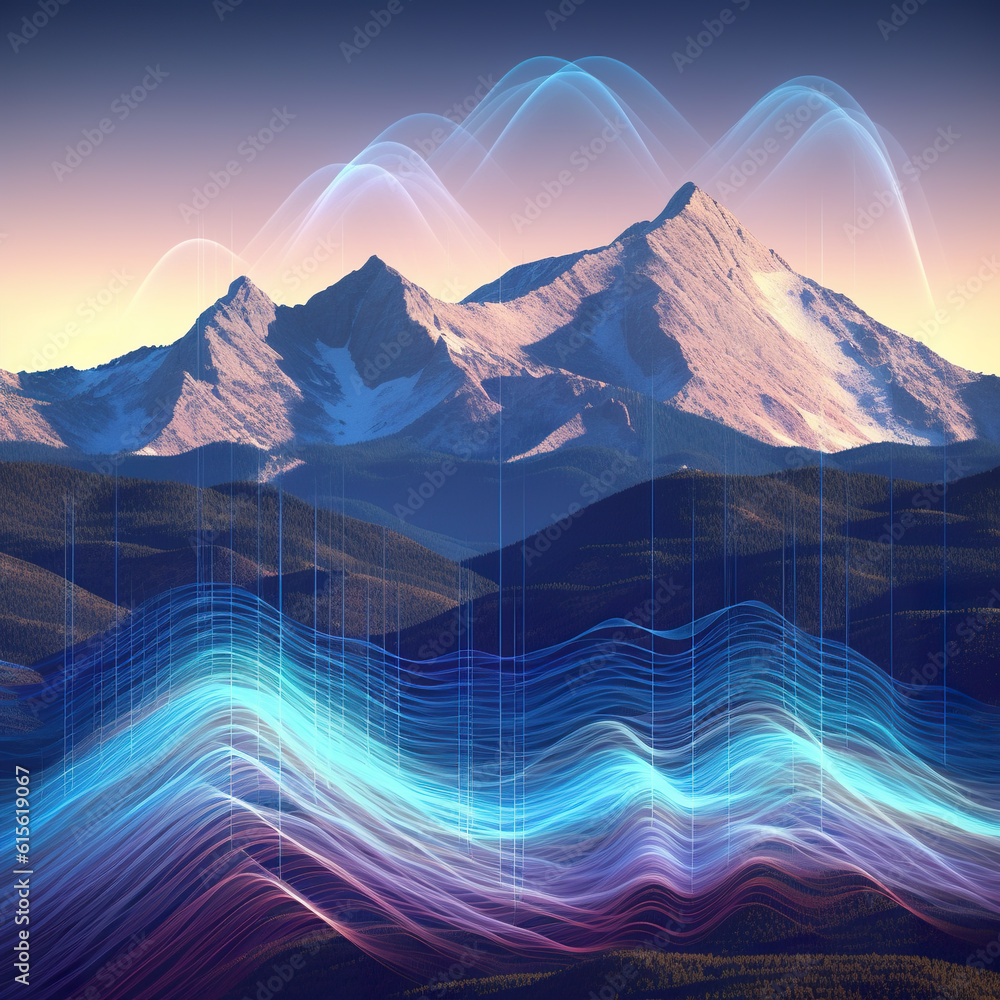Poster a picture of a mountain range with mountains in the background. generative ai.