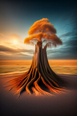 Virtual fantasy tree in the middle of a desert at sunset