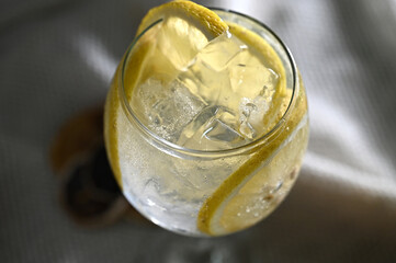 Refreshing Italian soda and lemon mojito drink with green apple Detox green juice Vegan healthy drink.