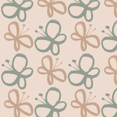 Vector pattern of simple butterflies in different colors. Hand drawing, graphics, ink, brush. Grey, beige. Wallpaper, wrapping paper, fabric, clothing. Spring, summer, season, children's drawing. 