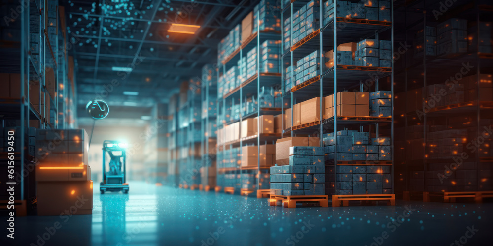 Poster efficient logistics and inventory: digital warehouse with robotic automation technology, demand and 