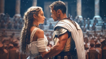 Obraz na płótnie Canvas a gladiator in armored Roman gladiator with a very beautiful queen using white less dress Tempt in Ancient Rome palace