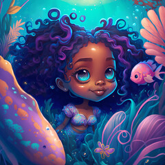 Obraz na płótnie Canvas Cute mermaid Png Graphics, Undersea illustrations, Black mermaids, African American children's art, Colorful sea life, marine graphics