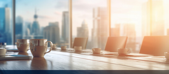 Cityscape Backdrop: Blurred Office Workspace in the Morning for Corporate Presentations