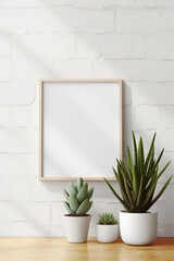 Two potted succulents and a picture frame on a wooden table. Generative AI. Blank poster mockup with space for your lettering, picture, design.
